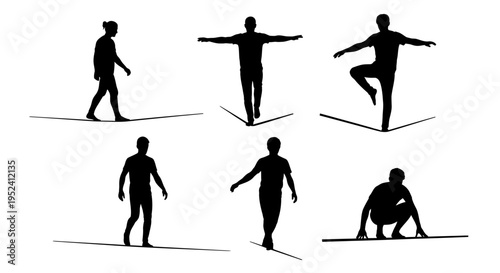 Silhouette of a person balancing on a tightrope, multiple poses