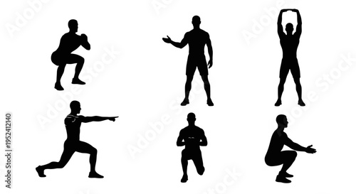 Silhouette of a man performing various fitness exercises, including squats and lunges.
