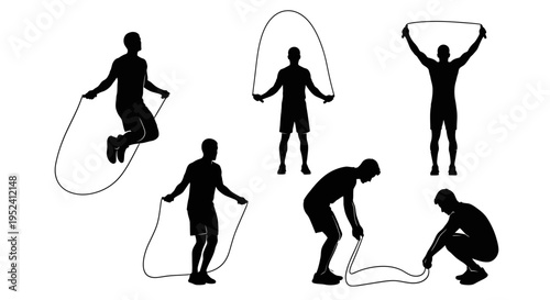 Silhouette of a man jumping rope, various poses, fitness and exercise concept