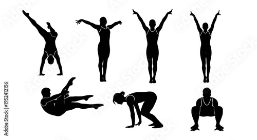 Silhouette of people performing various yoga and fitness poses