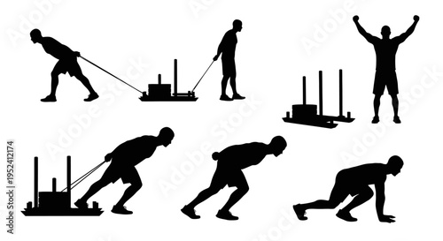 Silhouette of athlete performing sled push and pull exercises, dynamic workout poses