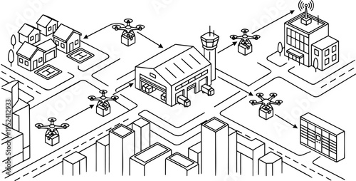 Isometric line art vector of drone delivery network and smart city logistics