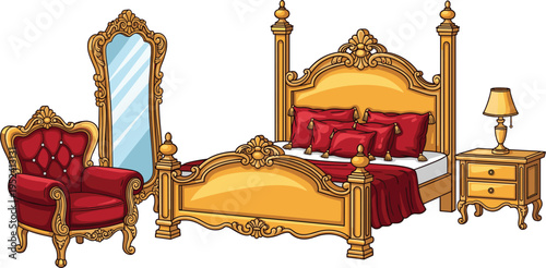 Luxury Royal Bedroom Furniture Set with Golden King Bed, Classic Throne Chair, Ornate Mirror, Nightstand and Lamp in Vintage Palace Style Illustration