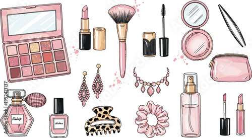 Pink Feminine Makeup and Fashion Accessory Icon Set with Eyeshadow Palette, Perfume, Lipstick, Jewelry, Hair Clip, and Cosmetics for Stylish Beauty Designs
