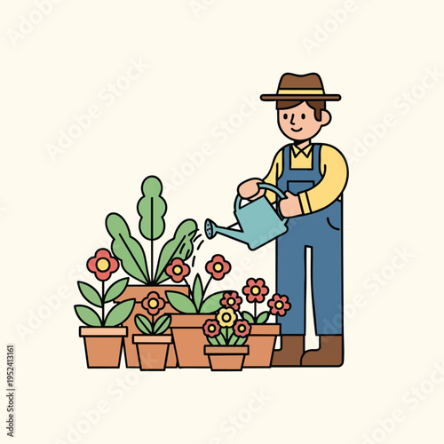 A cartoon gardener with a hat, yellow shirt, and blue overalls waters blooming flowers in brown pots
