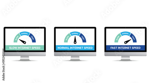 Internet Speed Test Concept Set, Network Performance Vector Illustration with Slow, Normal and Fast Connection Indicators