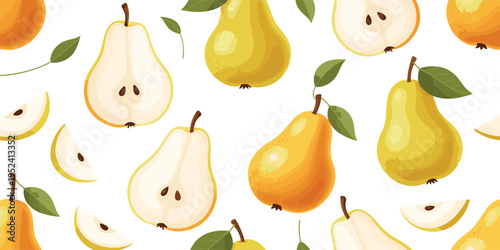 Pear Seamless Pattern with Whole Pears, Slices, Seeds and Green Leaves Vector Illustration for Fresh Fruit Packaging, Kitchen Textile and Healthy Food Background