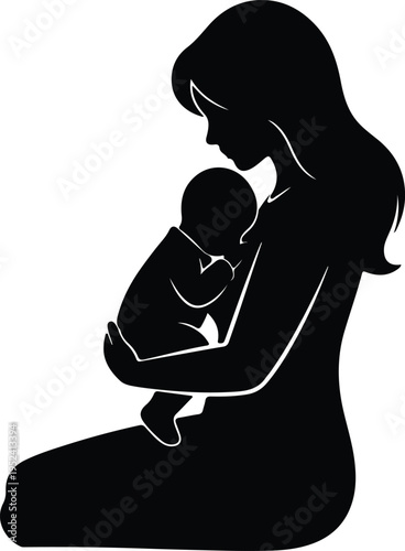 Silhouette mother holding baby tenderly in her arms vector design