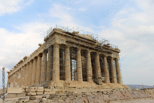 Parthenon temple under restoration August 2024 Ancient marble ruins scaffolding Athens