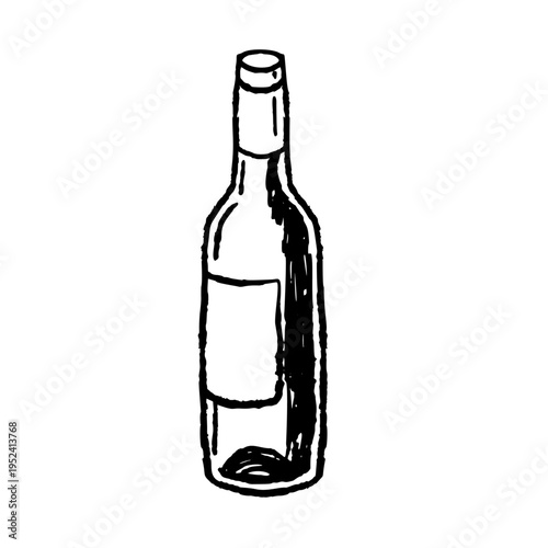 Wine bottle ink doodle, hand drawn alcohol beverage sketch, isolated bottle black line art. Wine bottle grape drink bar decor, restaurant menu clip art, simple winery cellar graphic.