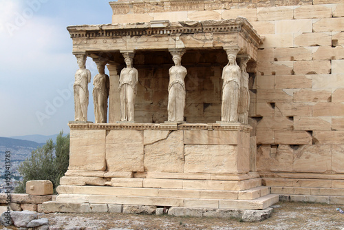 фотографія Erechtheion Caryatid porch statues August 2024 Ancient marble female figure colu