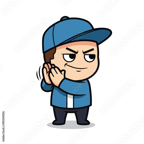 Cartoon character in blue cap clapping hands with sneaky expression, isolated on white background