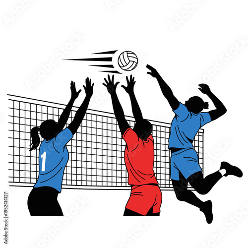 Volleyball players spiking and blocking during a competitive match