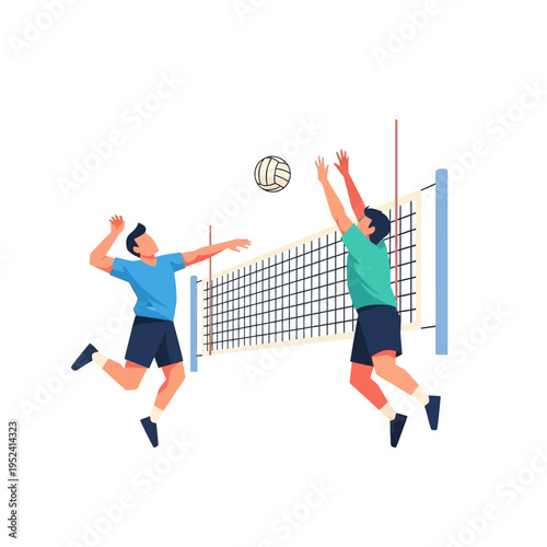 Two men playing volleyball jumping and hitting ball over net