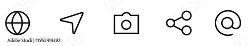 A set of five simple line icons including a globe, paper airplane, camera, network connections, and at sign on a white background