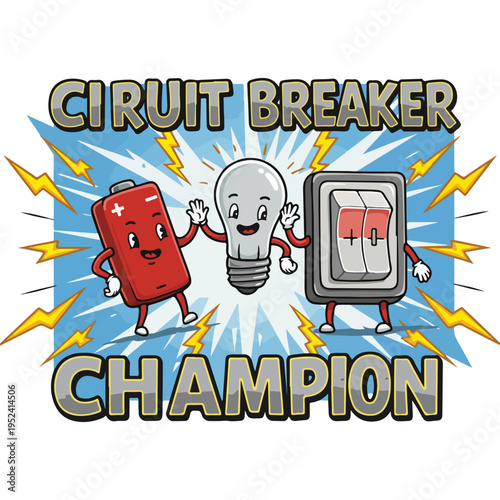 A cartoon circuit breaker champion vector graphic on transparent background