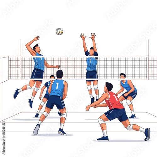 Volleyball game action illustration, athletes playing volleyball, sports competition, team sport