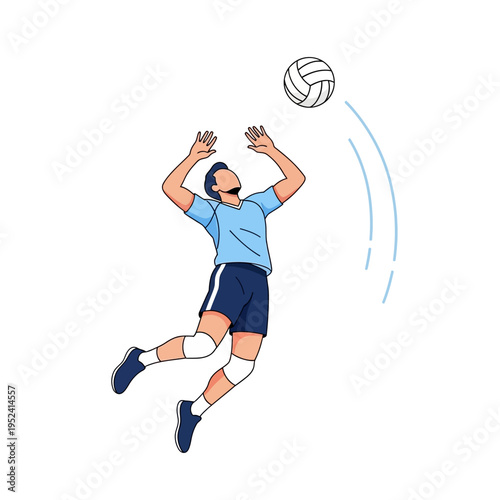 Volleyball Player Jumping to Serve or Spike Ball in Mid-Air, Sport Action Illustration