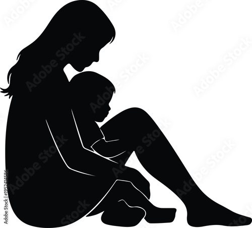 Silhouette mother holding baby tenderly peaceful loving moment vector design