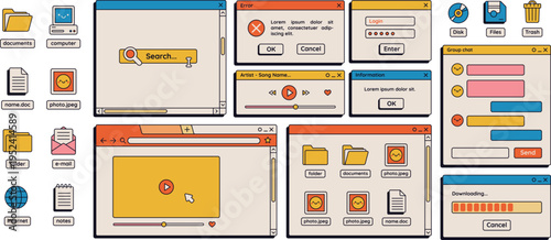 Retro User Interface Elements Set, Vintage Desktop UI Vector Collection with Windows, Dialog Boxes, Icons and Media Player Screens