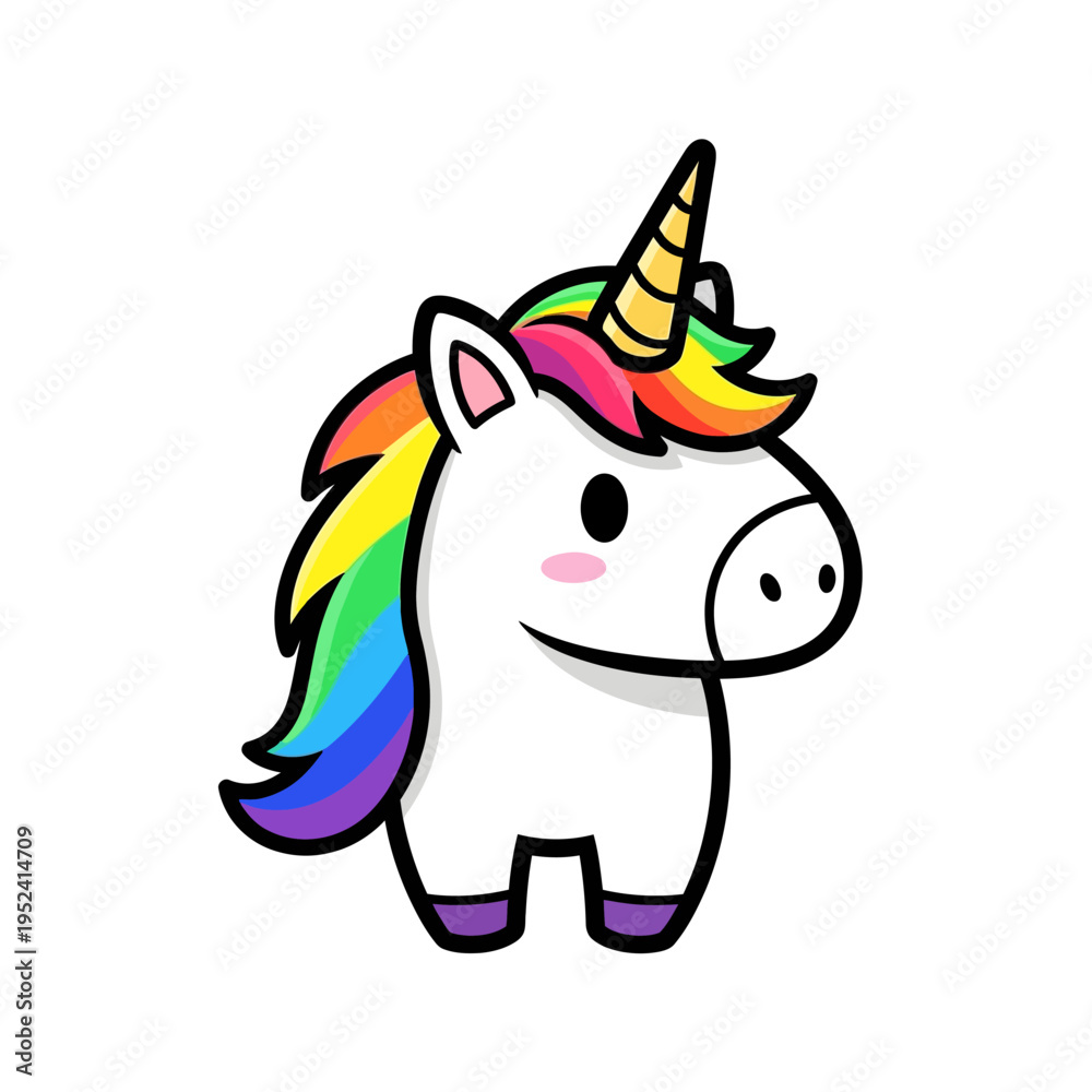 Fototapeta premium Cute Cartoon Unicorn with Rainbow Mane and Horn - Vector Art