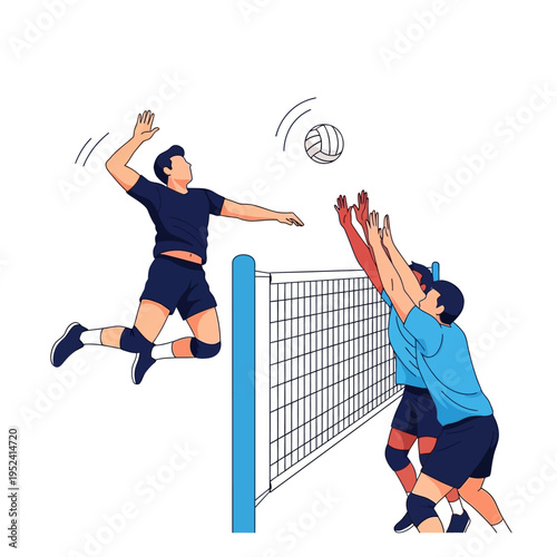 Volleyball player jumping to spike ball over net, opponents blocking