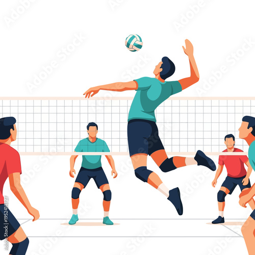 Volleyball player jumping to spike ball over net during match, team sport action