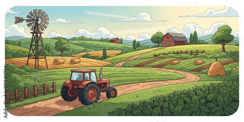 Rural Farm Landscape with Tractor Windmill Barn and Rolling Agricultural Fields Scenic Countryside Farming Panorama Vector Illustration