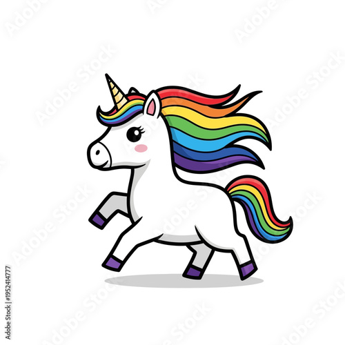 Cute cartoon unicorn with rainbow mane and tail, isolated on white background