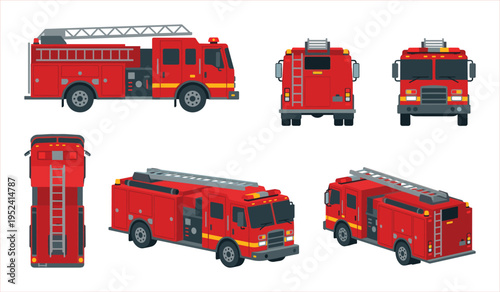Collection of Red Fire Trucks from Multiple Angles: Side, Front, Back, Top, and Perspective Views