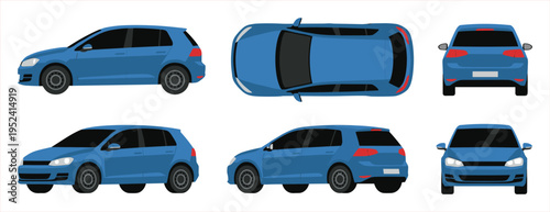 Set of blue cars: side, top, and rear views of hatchback and wagon variants.