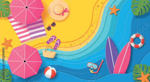 Colorful summer beach top view with umbrellas and ocean waves