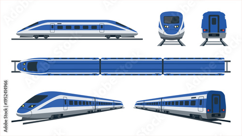 Modern Blue and White High-Speed Train Set: Side, Front, Rear, Top, and Perspective Views