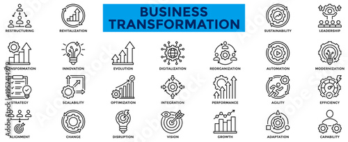 A collection of business transformation icons. Contains icons for transformation, innovation, evolution, agility, efficiency, alignment, change, disruption, vision, and adaptation. Line vector illustr