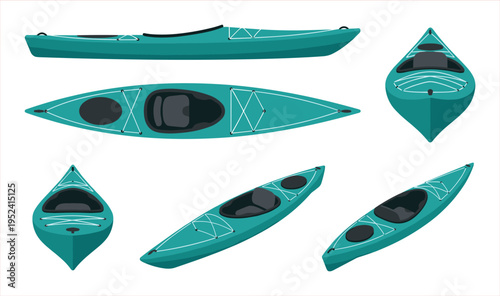 Set of Teal Kayaks in Various Angled Views: Top, Front, and Side Perspectives
