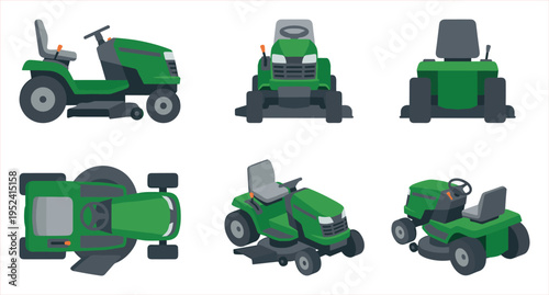 Set of Green Garden Tractors from Multiple Angles: Side, Front, Rear, Top, and Perspective Views