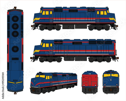 Collection of Blue and Yellow Diesel Locomotive Views: Front, Side, Top, and Angle