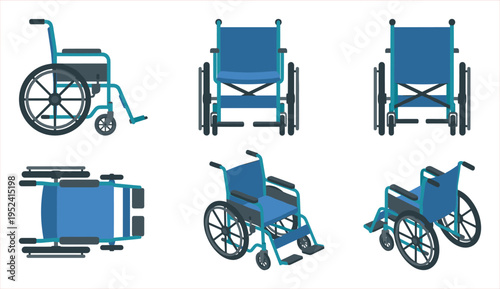 Collection of Blue Wheelchairs in Multiple Angles: Front, Side, Top and Perspective Views