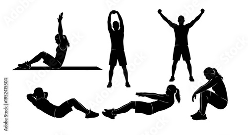 Fitness Silhouette Set: People Exercising, Stretching, and Doing Sit-ups