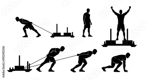 Fitness Athlete Silhouette Set: Sled Push, Pull, and Victory Poses