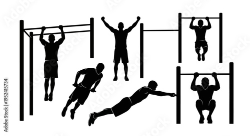 Silhouette of man doing pull-ups and dips, fitness and workout concept