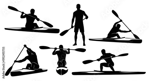 Kayaking Silhouettes: Diverse Poses of Athletes in Canoes with Paddles