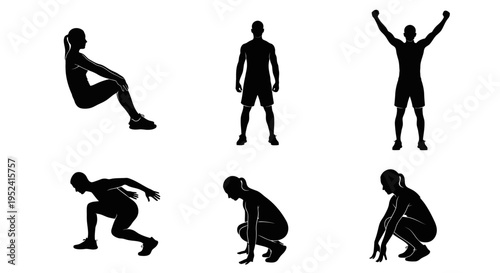 Fitness Silhouettes: Six Poses of People Exercising and Stretching