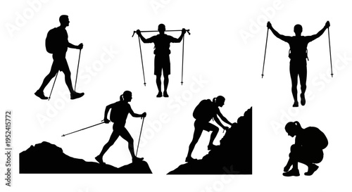 Silhouette hikers with trekking poles, climbing mountains, active lifestyle, outdoor adventure