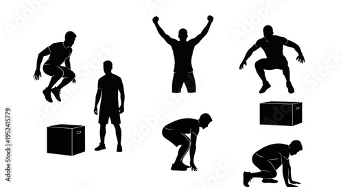 Silhouette Man Jumping Box Exercise, Fitness Workout, Athlete Training, Dynamic Action