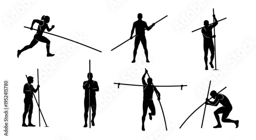 Pole Vault Silhouette Set: Athlete Running, Jumping, and Landing Poses