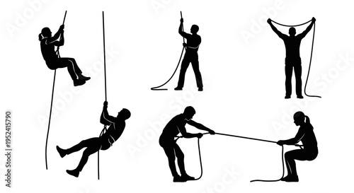 Silhouettes of People Climbing and Pulling Rope for Adventure and Sports