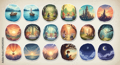 Vintage travel icons set with scenic landscapes and sunsets