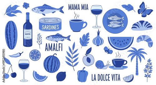 Food and drink icons with Italian phrases on white background
