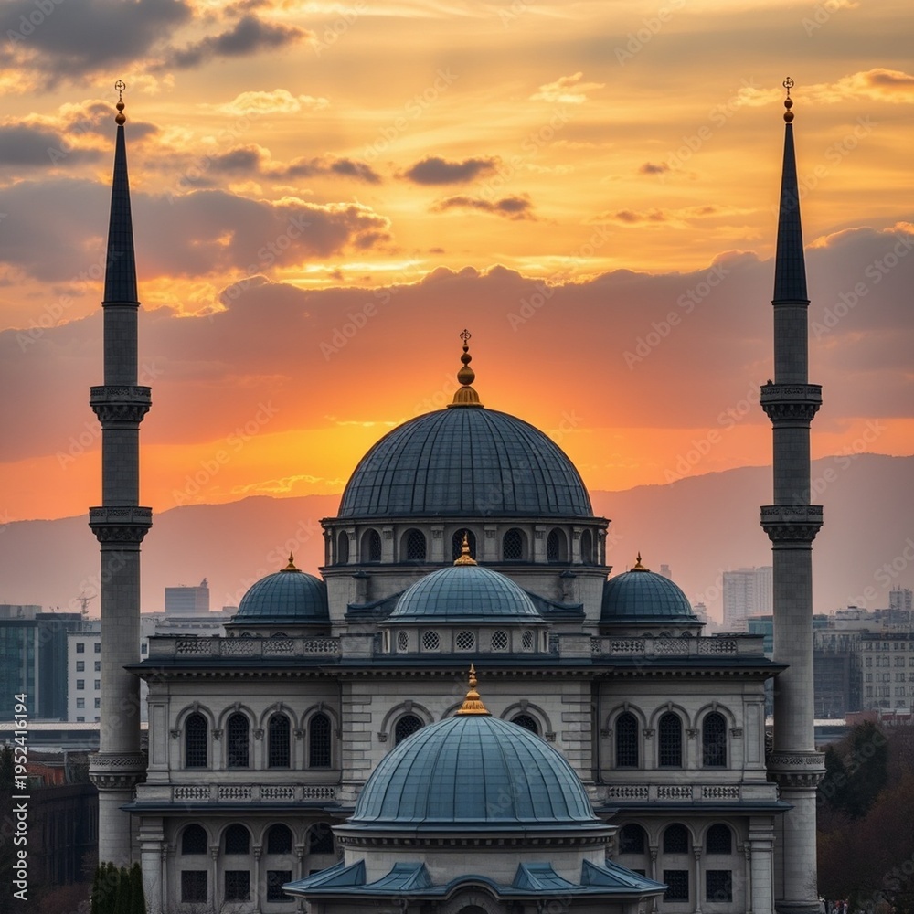 Fototapeta premium Majestic mosque with illuminated dome against modern city skyline at sunset